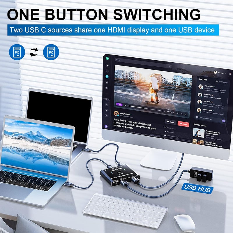 MLEEDA USB C KVM Switch 4K@60Hz, KVM Switch USB C for 2 Laptops Share Single HDMI Monitor and Keyboard Mouse,Compatible with Windows,Mac OS,Wired Remote and USB Power Cord Included - Image 2